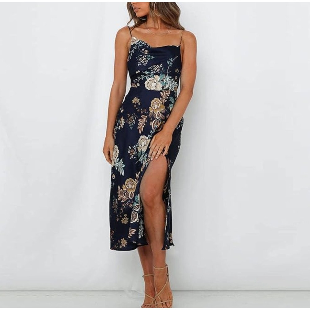 Tsher Navy Floral‎ Print Midi Slip Dress Women's LCowl Neck Spaghetti Straps